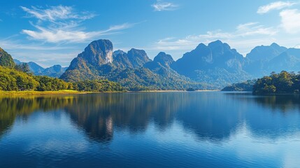 Naklejka premium Majestic mountain range with jagged peaks and a serene lake reflecting the scenery