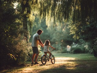 Obraz premium Heartwarming scene of a father teaching his daughter to ride a bicycle in a sunlit park, representing family bonding and childhood memories. Ideal for parenting blogs, family-themed advertising, and l