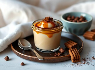 Budino dessert topped with glossy caramel sauce and garnished, served on a rustic wooden plate