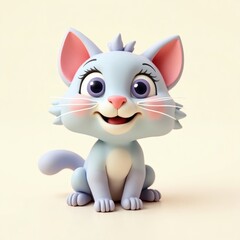 cute cartoon kitten, it is smiling while looking ahead. It has a light blue coat with pink ears and a pink nose