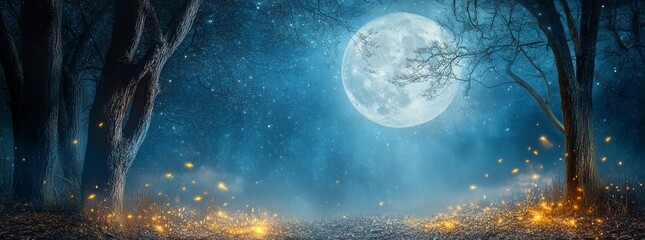 Soft moonlight illuminates the enchanted forest clearing, casting a mystical ambiance over a fairy circle set against the backdrop of a midnight starlit sky