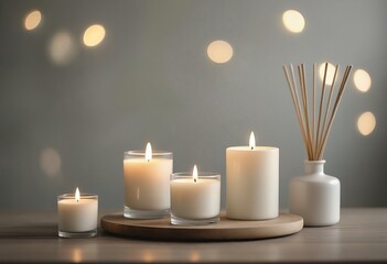 a still life featuring lit white candles of varying sizes arranged on a wooden tray alongside a reed diffuser against a softly blurred green backdrop.