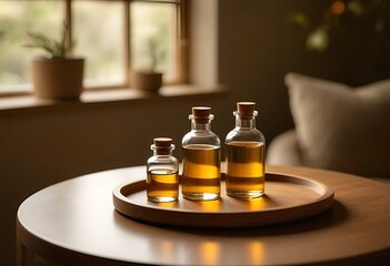 a still life featuring three small glass bottles with cork stoppers arranged on a wooden tray, illuminated by warm natural light streaming through a window.