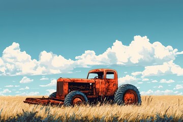 Fototapeta premium Rusty Vintage Tractor in Scenic Wheat Field at Sunset. Capturing the Essence of Rural Life and Agriculture in a Pastoral Countryside Landscape