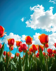 Fototapeta premium Vibrant tulips bloom under a brilliant blue sky dotted with fluffy clouds, scene, daytime, image