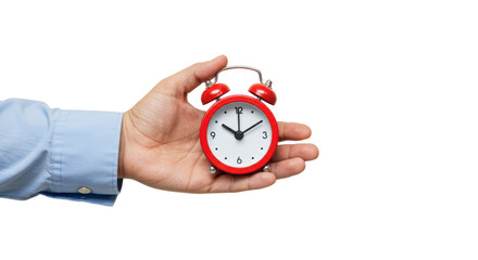 Isolated Red Alarm Clock in Hand