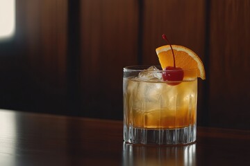 Cocktail with ice orange slice and cherry on a dark wooden surface.