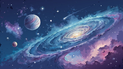  *Cosmic Watercolor Background – Deep Blues & Purples with Swirling Galaxies & Stars (Evoking Wonder & Exploration with Copy Space)* 