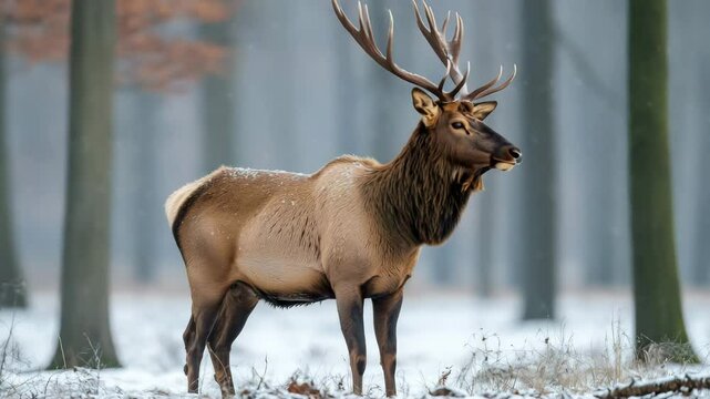 Majestic elk standing proudly with massive antlers in a forest clearing sunlight highlighting its fur. 