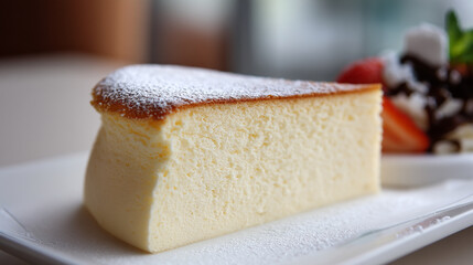 Japanese cheesecake slice soft and jiggly, powdered sugar