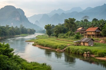 Fototapeta premium Le Mékong au Laos – Beauté Naturelle et Culturelle du Fleuve Asiatique