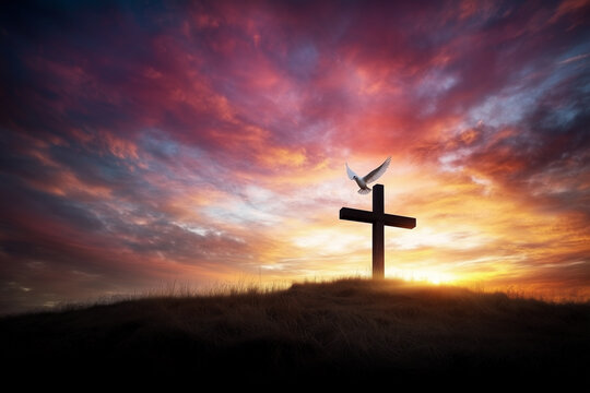 A dramatic silhouette-style image of a large wooden cross standing on a quiet hilltop, with a white dove taking flight from its top