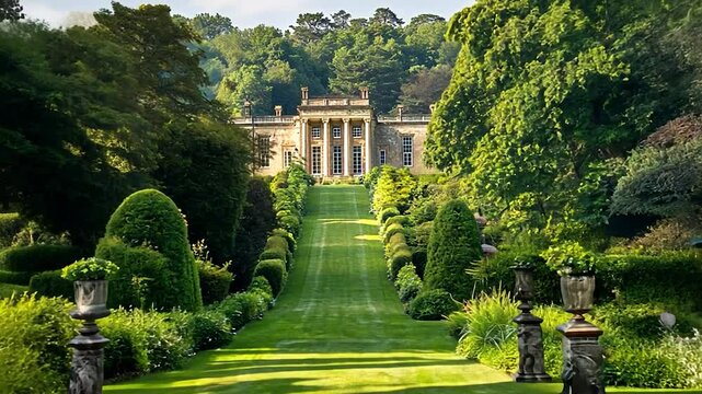 Elegant garden path leading to stately home in sunlit landscape