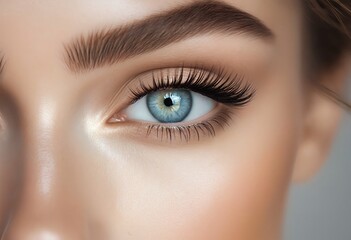 Fototapeta premium a close-up shot reveals a strikingly beautiful blue eye framed by long, dark lashes and perfectly groomed eyebrows on a subtly highlighted face.