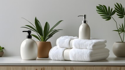 Minimalist Bathroom Counter with Fluffy Towels and Ceramic Soap Dispenser