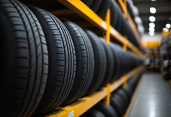 rows of new tires are neatly stacked on yellow shelving in a warehouse or retail setting.