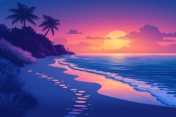 Serene Beach Sunset. Tranquil Tropical Landscape with Vibrant Colors and Palm Trees