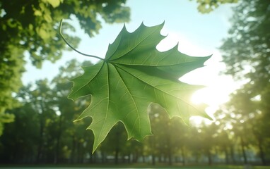 Single Green Maple Leaf Sunlight Backlit Nature