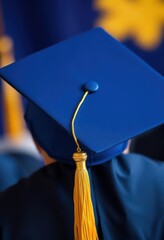 Elegant blue graduation cap, gold tassel, smooth fabric, cap, formal, learning