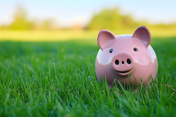 A lush green meadow field with grass and a lawn set against a clear blue sky featuring a piggy bank or piggybank represents a plan for saving money and achieving retirement freedom and