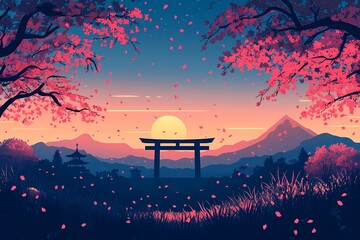 Japanese Landscape Illustration. Serene Sunset Torii Gate and Cherry Blossoms with Scenic Mountain View