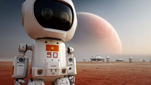 A humanoid robot stands on a red alien terrain, scanning its surroundings. Two distant planets loom large in the sky as other robotic units conduct exploration nearby.