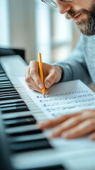 Composer writing music by hand on blank staff paper, vintage piano and open notebook nearby in a