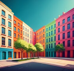 Fototapeta premium Vibrant Colorful Buildings Sunny City Street Scene Delightful Summer Day Urban Architecture