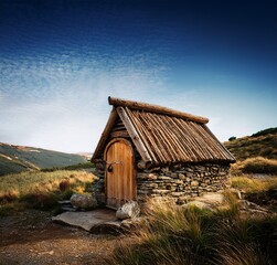 Rustic Stone and Wood Cabin in Mountain Landscape Scenic View A charming small house with wooden door and thatched roof