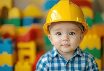 a curious toddler wearing a yellow construction hat gazes forward against a colorful background of interlocking foam tiles.