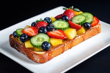 Toast topped with fresh fruit slices on a white plate against a dark background.