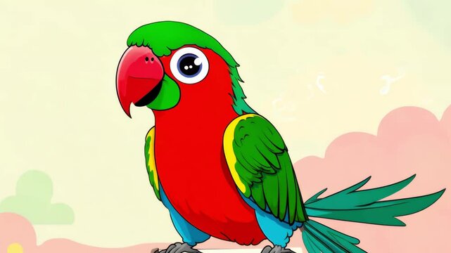 A colorful cartoon parrot with red and green feathers sits happily on a branch with a bright background, showing a cheerful and tropical bird in a lively animated setting