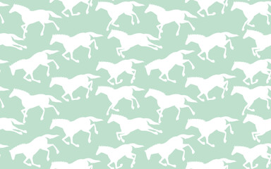 走る馬のシルエットシームレスパターン、淡いパステルグリーンの背景素材
