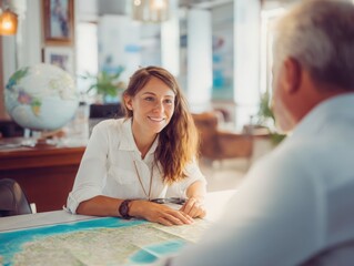 Cheerful woman assisting a senior man with a map, representing travel planning and customer service. Ideal for travel agencies, tourism promotions, and hospitality businesses.