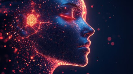 Abstract female profile, glowing particles