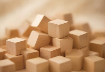 a close-up of numerous light-toned wooden blocks scattered and stacked together, casting soft shadows on a neutral background.