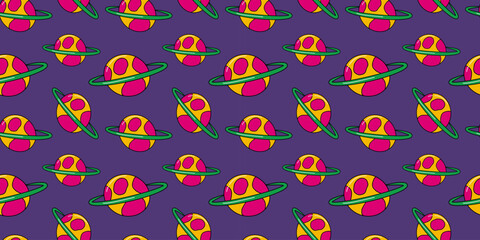 Seamless cartoon pattern featuring colorful planets with rings on a vibrant purple background. Ideal for space-themed designs, children’s products, digital art, and playful cosmic concepts.