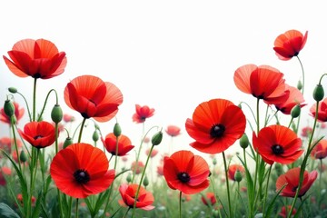 Fototapeta premium Vibrant red poppies, lush bloom, isolated on white , leaves, white background