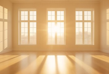 a warmly lit, empty room features three large windows casting long shadows across a polished wooden floor.