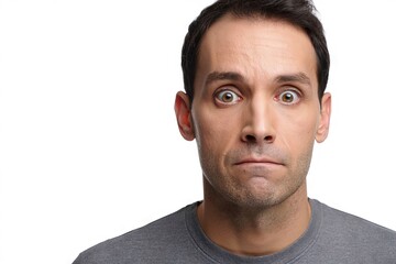 Obraz premium Concerned man with wide eyes and a neutral expression on a white background