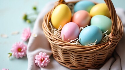 Easter basket filled with pastel-colored eggs, surrounded by pink flowers on a soft fabric. Bright, joyful scene symbolizing spring, renewal, and festive celebration.

