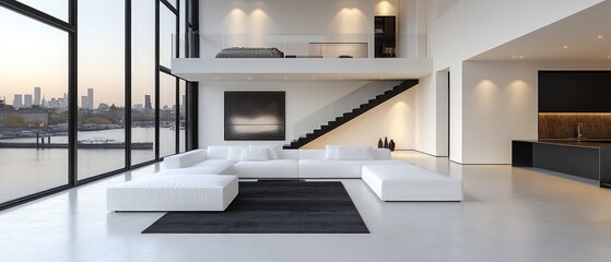 Fototapeta premium Modern living room interior with large windows white sofa and minimalist design.
