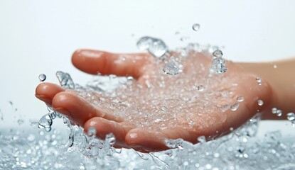 Fototapeta premium Hand Splashing with Clear Water Against White Backdrop in a Studio Setting Offering Refreshment and Purity
