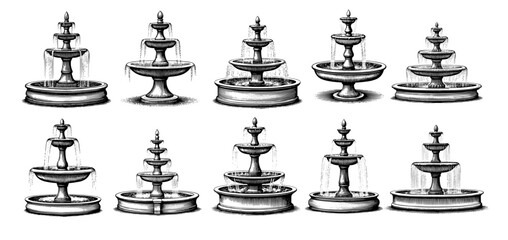 Vintage Fountain Designs Engraving Style Black and White Illustrations