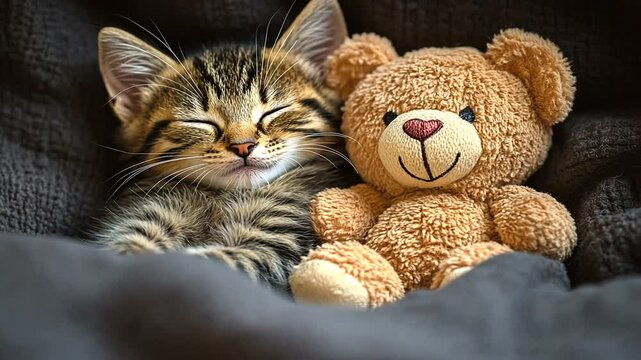 Kitten naps with teddy, blanket, home