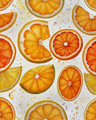 Fresh watercolor pattern seamless orange and lemon slices on pure white background