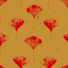 Gordijnen seamless abstract ginkgo leaves, illustration with red torn and grungy leaves, on beige © Kirsten Hinte