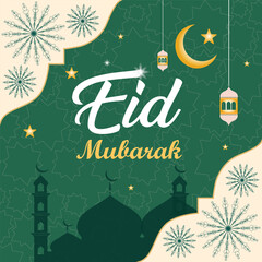 Eid al Adha Mubarak poster with a crescent moon and a mosque 2025
