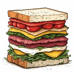 Illustrated Sandwich. Nutritious Multi-layered Deli featuring Fresh Vegetables & Cheese Cartoon Fast Food Design