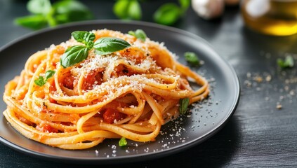 Pasta dish on a dark plate with basil and grated cheese topping.